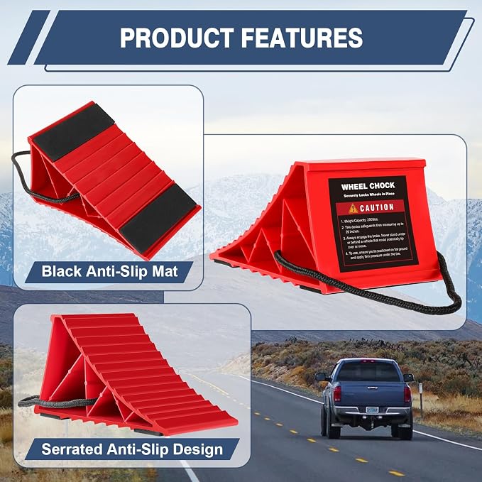 Wheel Chocks for Trailers, 4 Pack Hard Plastic RV Wheel Chocks with Non-Slip Base & Rope for Easy Removal, Tire Chock for Cars Wheels, Keep Your Truck or Camper in Place
