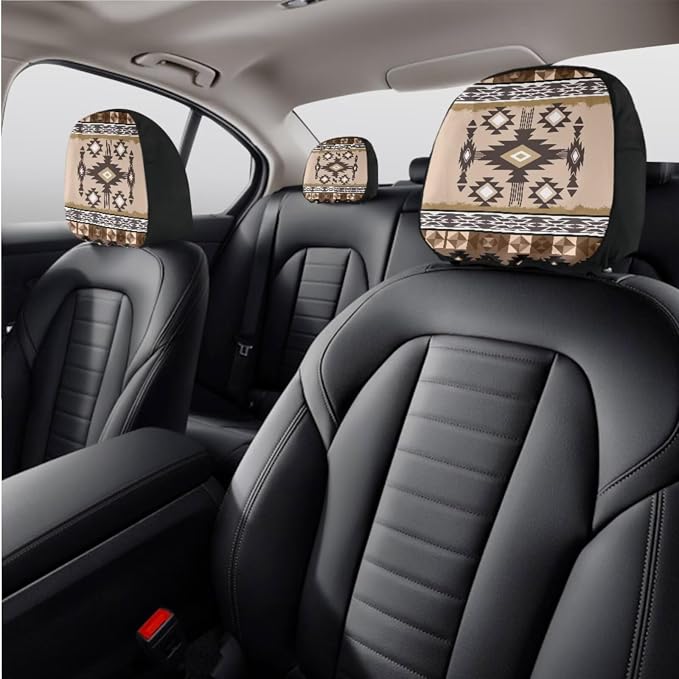 Wanyint Southwestern Aztec Khaki Car Seat Cover Full Set 11 PCS, with Steering Wheel Headrest Handbrake Gear Shift Cover Cup Holders Universal Fit Most Vehicles