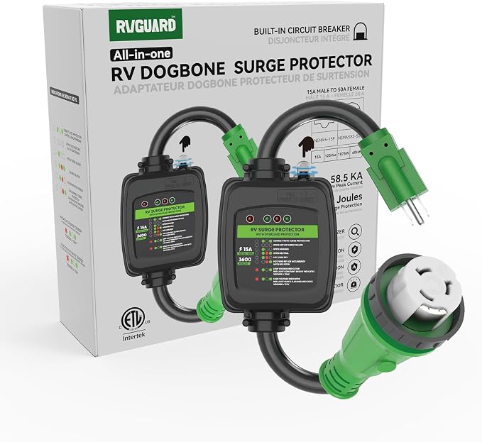 RVGUARD Surge Protector 50 Amp to 110 Volt RV Adapter Cord with Overload Protection, NEMA 5-15P to NEMA SS2-50R Electrical Power Adapter, 2 Feet, Green, ETL Listed