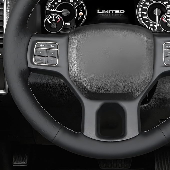MEWANT Hand Sew Black Solid Embossed Artificial Leather Steering Wheel Cover for Dodge RAM 1500 2012-2018 1500 Classic