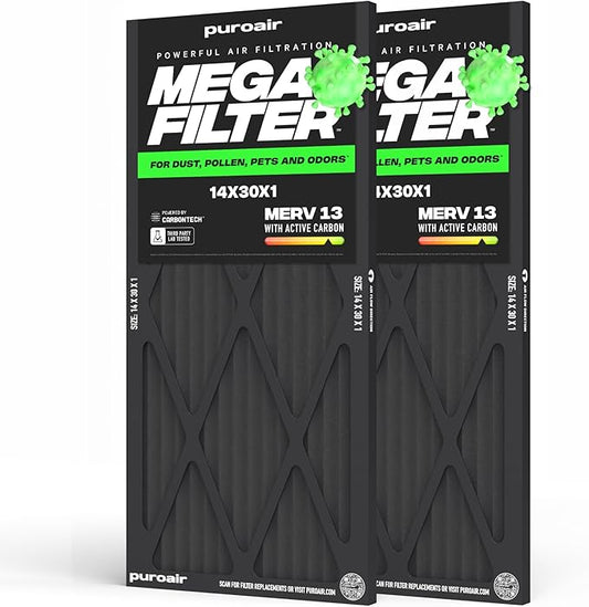 PuroAir MegaFilter - 14x30x1 Air Filter MERV 13 Activated CarbonTech Defense - Heavy Duty 3 Layer Furnace Filters Allergens, Pollen, Dust, Pet Dander, Smoke, Odors - HVAC Air Filter 14x30x1 (2-Pack)