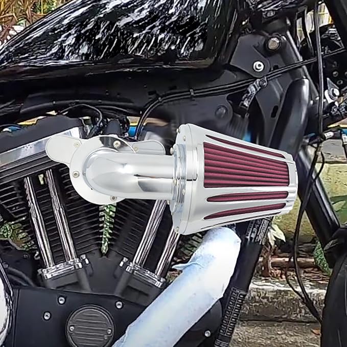 Motorcyle Air Cleaner Filter CNC 90° Forward-Facing Kit Fit for Harley Softail Touring Trike Sportster XL Dyna (Chrome Housing Red Element, A For Sportster XL 04-22)