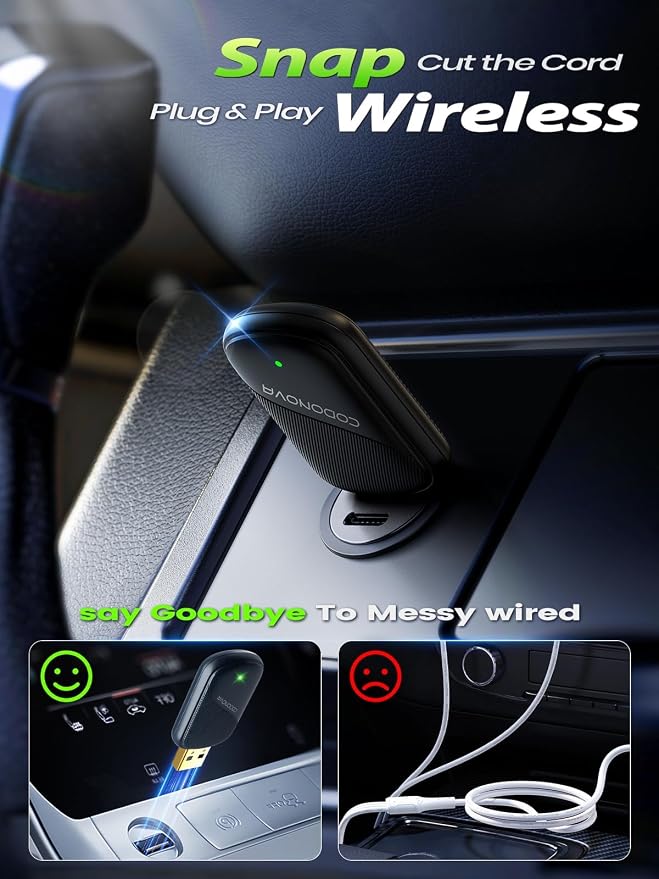Mini Wireless CarPlay Adapter for Apple iPhone & Android Auto - Convert Wired to Wireless, Gold-Plated USB, Fast, Stable & Auto Reconnect in 5 Seconds, for OEM Wired Apple CarPlay Cars 2016+
