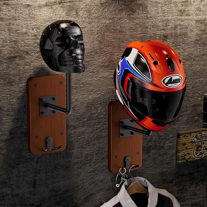 SANGMO Metal Skull Helmet Rack Wall Mount, Motorcycle Helmet Holder Wall Mount Bike with 2 Hooks for Motorcycle Bike Baseball Rugby Black (1 Pack)