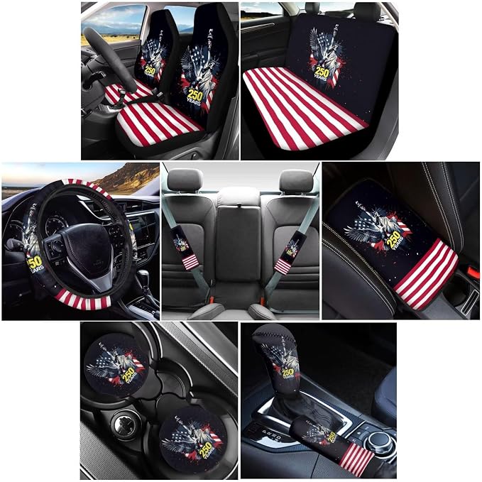 Wanyint Car Seat Cover Full Set 12 PCS, with Steering Wheel Seat Belt Cover Armrest Pad Coasters Handbrake Gear Shift Knob Set 4th of July US 250th Anniversary Auto Decor, Statue of Liberty Eagle