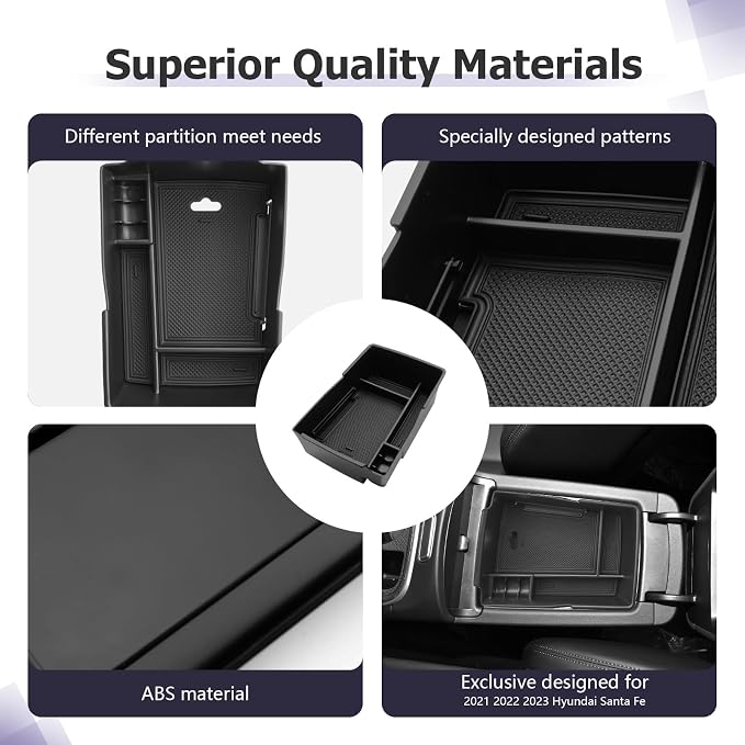 LUWU Center Console Organizer for 2021 2022 2023 Hyundai Santa Fe SE/SEL/XRT/Limited/Calligraphy Accessories Armrest Console Tray Storage Box ABS Material 2022 2023 Santa Fe Accessories Black