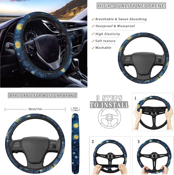 Xoenoiee Blcak Cat Starry Night Print Car Seat Covers and Accessories, Front Rear Seat Covers, Steering Wheel Cover, Seat Belt Pads, Coasters, Keychains for Car SUV Decor, 11 PCS Set