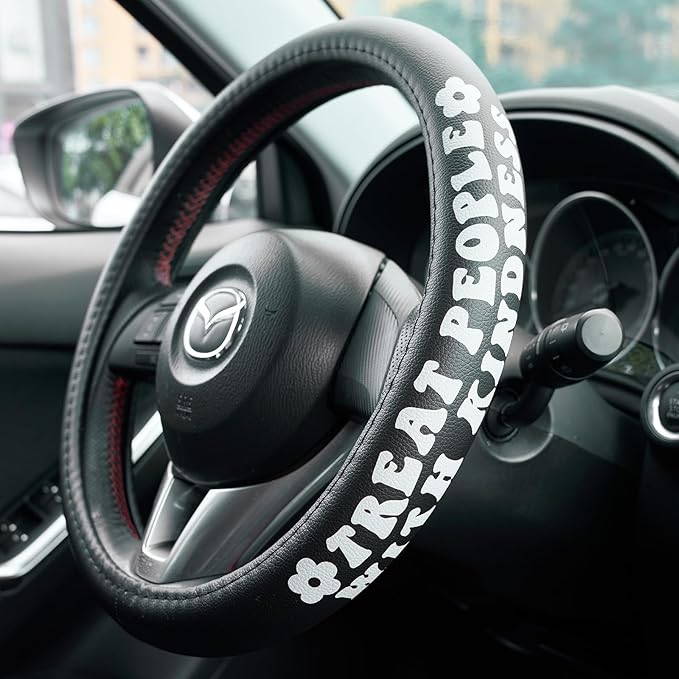 Treat People with Kindness Car Leather Steering Wheel Cover - 15-inch Universal Microfiber- Soft & Breathable & Silicone Anti Slip Auto Steering Wheel Wrap for Women