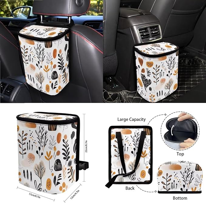Boho Abstract Geometric Art Print 15Pcs Car Seat Cover Full Set Car Steering Wheel Cover Seat Belt Cover Trash Bin Air Vent Storage Box Front Rear View Mirror Car Cup Holder Keychain