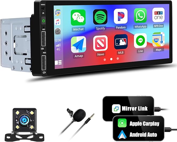【EQ+5.1-Bluetooth】 Single Din Car Stereo Radio Receiver with A-pple CarPlay Andriod Auto GPS，6.9“ HD Touch Screen 1 din Car MP5 Player FM Radio Mirror Link USB Fast Charge Media Player Backup Cam