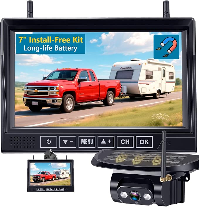 Magnetic RV Wireless Backup Camera: 1-Min Install Long-Range Signal Solar Backup Camera for Travel Trailer - with 7.2" DVR Monitor 1080P HD Night Vision Auto Sleep for Voyager & Forest River RVs