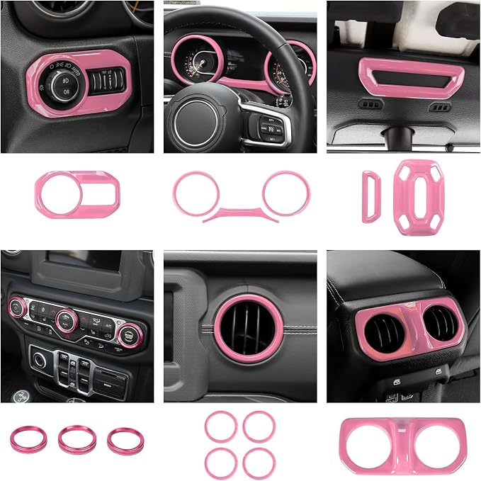 CheroCar Pink 20PCS Interior Trim Kit for Jeep Wrangler JL JLU & JT Gladiator 2018-2023,Dashboard,Steering Button Frame,AC Switch,Roof Speaker,Reading Light,Headlight Switch,Rear Air Vent Trim