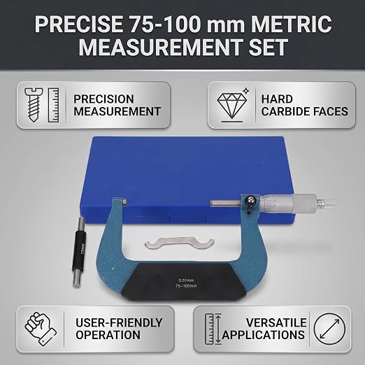 Yosoo Health Gear 75 to 100mm Micrometer, Outside Micrometer Set for Length Diameter Measurement, Stainless Steel Micrometer with Tungsten Carbide Faces for Machinist
