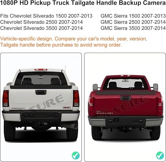 ASURE Tailgate Handle Backup Camera for Chevy Silverado GMC Sierra | Fits Silverado/Sierra 1500 2007-2013, 2500/3500 2007-2014; 1080P, 170°, Night Vision, IP68, RCA, No Drilling for Parking