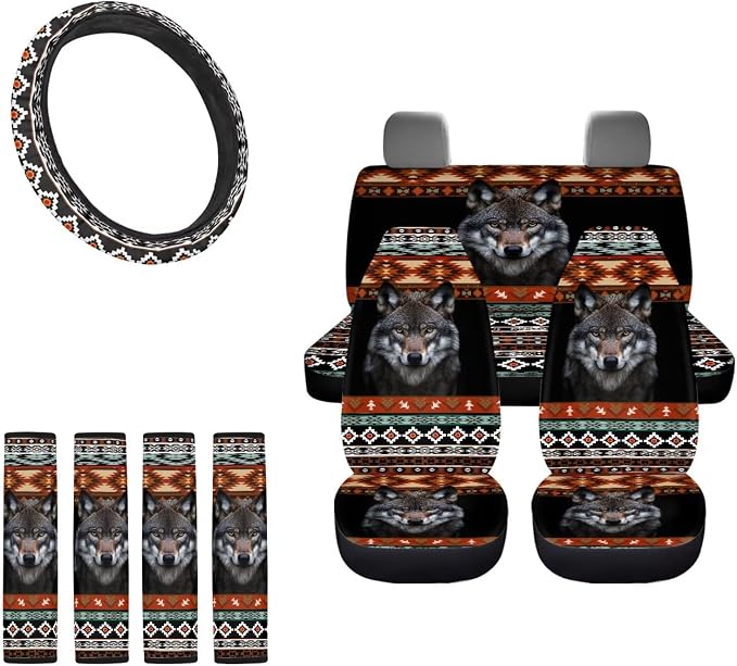 Wolf Print Car Seat Cover Full Set with Steering Wheel Cover Non Slip Seat Belt Pads Aztec Southwest Auto Seat Protector Universal Fit for Cars Trucks SUVs, Orange