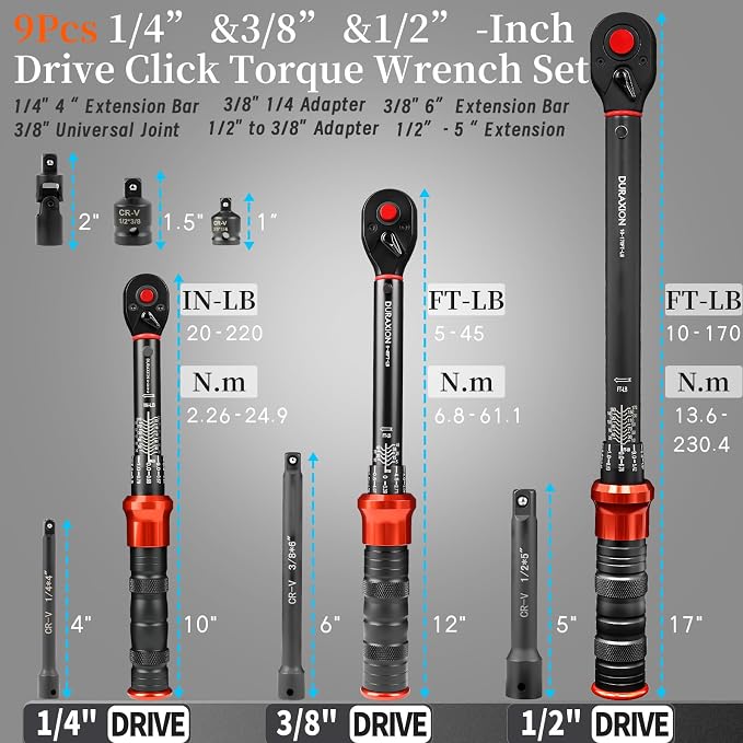 9PCS Torque Wrench Set 1/4", 3/8", 1/2" Drive Click Torque Wrench (20–220 in-lb, 5–45 & 10–170 ft-lb) 72-Tooth Dual-Range, ±3% Precision Adjustable Torque Wrenches for Bike, Moto, Car Repair and Maint