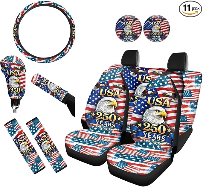 USA 250 Years Flag & Eagle 11-Piece Car Seat Cover Set, Patriotic Auto Accessories, Breathable & Washable for Cars, Trucks & SUVs with Steering Wheel Cover and Seatbelt Pad Covers