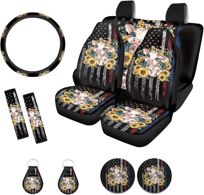 Suobstales Cow Sunflower Print Car Seat Covers Full Set American Flag Interior Accessories Bucket Seat Cover Rear Split Bench Protection with Steering Wheel Covers,Coaster,Keychains Fits Most Vehicles