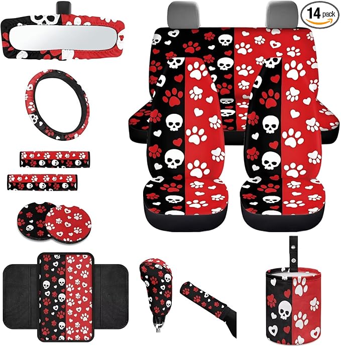 Skull Love Print Car Seat Covers Full Set Dog Paw Print Car Seat Covers Front and Back Full Set with Steering Wheel Cover Armrest Cushion Safety Belt Pads Garbage Bag Cup Coasters