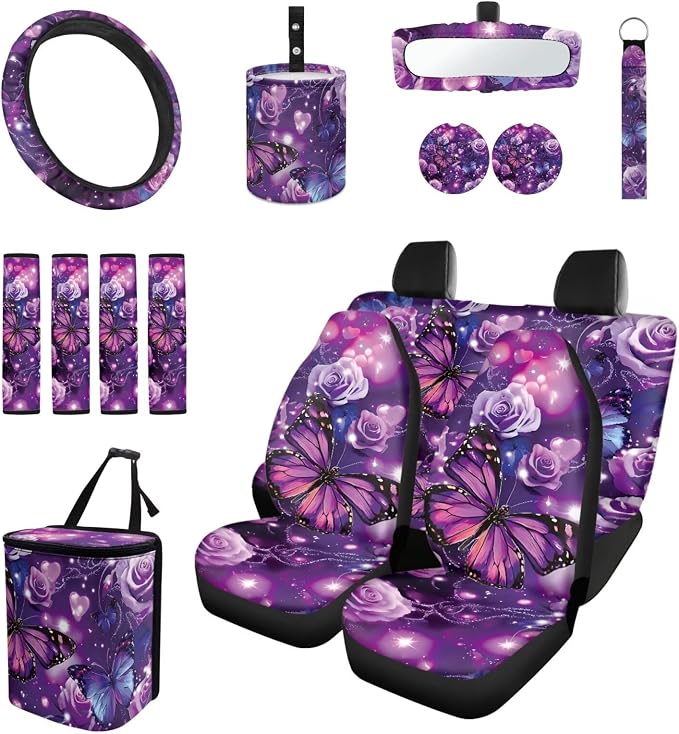 15 Pcs Purple Butterfly Auto Interior Accessories Car Seat Covers with Auto Steering Wheel Cover Seat Belt Covers Car Trash Can View Mirror Cover Coaster Keychains