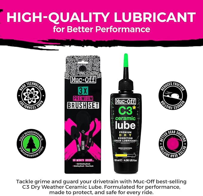 Muc-Off C3 Ceramic Dry Chain Lube 120ml + 3X Premium Bike Brush Set | Premium Bike Chain Lubricant with UV Tracer Dye | Ideal for Dry and Dusty Conditions