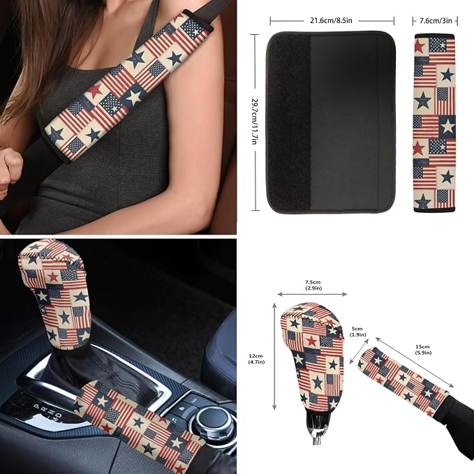 Wanyint Car Seat Cover Full Set 12 PCS, with Steering Wheel Seat Belt Cover Armrest Pad Coasters Handbrake Gear Shift Knob Set 4th of July Auto Accessories Decor, Vintage US Flag Patchwork