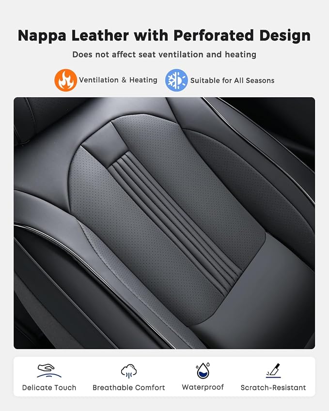 Huidasource Seat Covers, Car Seat Covers Nappa Leather with Lumbar Support, Side Elastic Fabric, Velcro Adjustable, Airbag, Ventilation Heating Child Seat Universal Fit for Most Cars SUV Trucks, Black