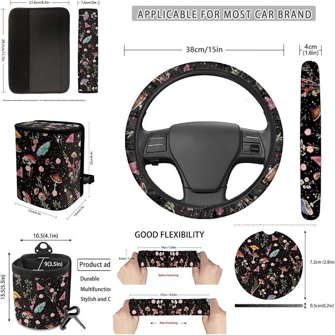 Dreaweet Mushroom Car Seat Covers Full Set for Women Cute Car Accessories Interior Car Steering Wheel Cover Seatbelt Covers Trash Bin Rear View Mirror Cover Cup Holders Keychain Air Vent Storage Pouch