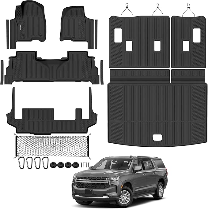 Tongama-Floor Mats for 2021-2024 Chevy Suburban/GMC Yukon XL 8 Seats with Bench Seats, All Weather TPE Trunk Mat & 3rd Row Backrest Mats & Cargo Net & Door Sill Guards for Suburban Accessories