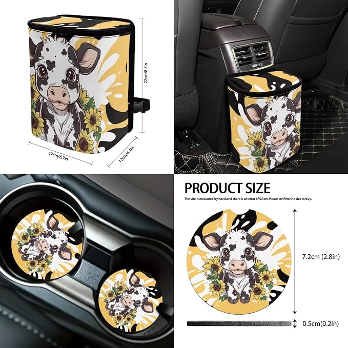 Suobstales Cow Sunflower Print 13 Pack Car Seat Covers Full Set with Steering Wheel Cover Seat Belt Pad Trash Can Rearview Mirror Cover Coaster Keychains Auto Accessories Universal Fit