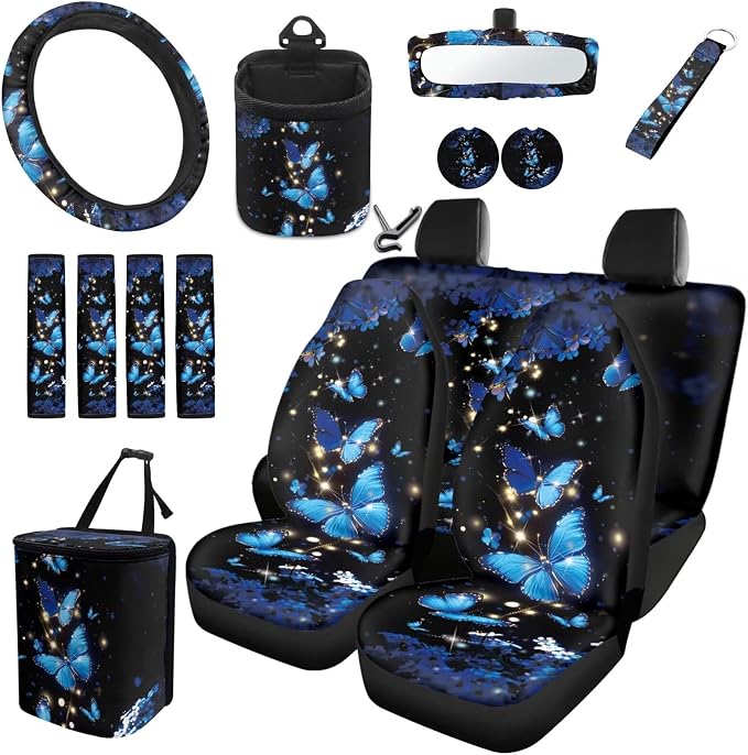 Dreaweet Blue Butterfly Car Seat Covers Full Set for Women Fashion Car Accessories Seat Cover with Steering Wheel Cover Seatbelt Pad Coasters Garbage Bag Air Vent Pouch Rear View Mirror Cover Keychain
