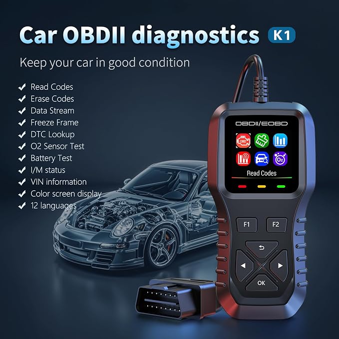wiiyii K1 Car Check Engine Code Reader, Auto Code Reader, Car Scanner Diagnostic Tool to Real-Live Data, Freeze Frame with Colour Screen, Multilingual for All OBDII & EOBD Vehicles