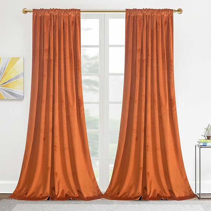 Roslynwood Luxury Soft Russet Orange Velvet Curtains 96 inches Long Back Tab Thermal Insulated Blackout Window Drapes for Living Room/Bedroom/Dining Room, W52 x L96, 2 Panels