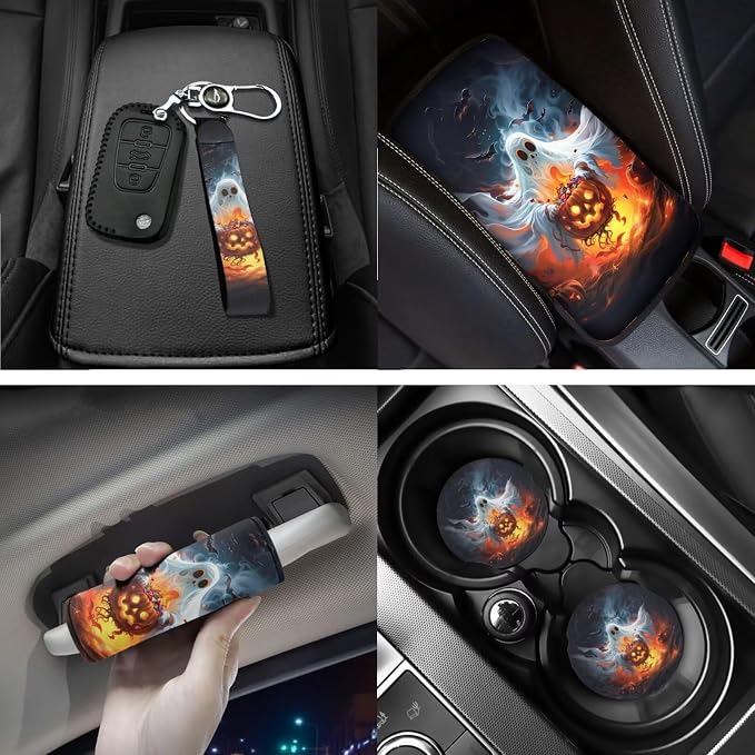 Halloween Ghost and Pumpkin Car Seat Covers Full Set with Steering Wheel Cover Floor Mats Armrest Cover Seat Belt Pads Roof Handle Wraps Cup Coaster Keychains 18 Pcs Auto Interior Accessories