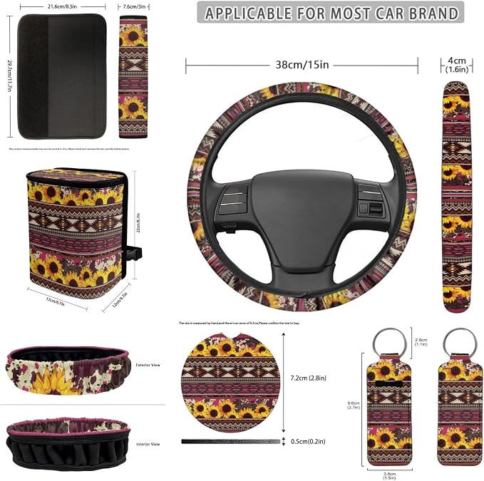 Boho Sunflower 12 Pack Car Seat Covers Sets Car Steering Wheel Cover Car Seat Belt Cover Car Trash Can Car Rear View Mirror Cover Car Cup Coasters Keychain Holder Keychains