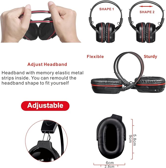 SIMOLIO 2 Pack IR Wireless Headphones for in Car TV Video Audio Listening, Not Bluetooth, 2 Channel Car DVD Headphones for Kids, Universal Infrared Headsets for Headrest Video System, AUX Cord