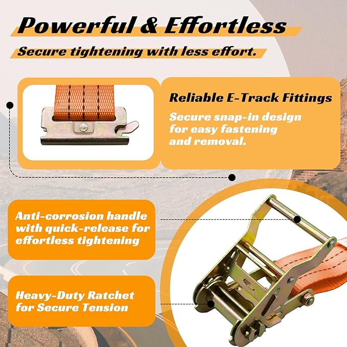 8 Pack 2" x 15' Heavy Duty E-Track Ratchet Straps - 4500LBS Break Strength - Tie Down Straps for Trucks, Trailers, Motorcycles, and Cargo（Orange）