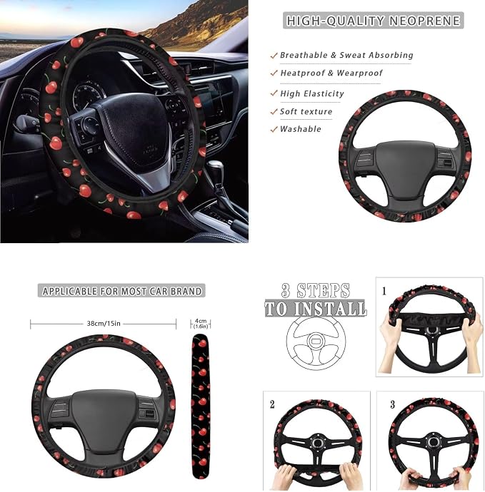 Ystardream Stylish Cherry Car Seat Covers Full Set Cherry Car Accessories for Women Front Seat Cover Steering Wheel Armrest Cover Seat Belt Cover Cup Holder for Auto SUV Interior Decoration