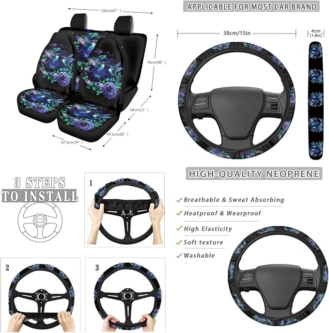 Suobstales Hummingbird Floral Print Car Seat Cover with Steering Wheel Cover, Seat Belt Pads, Car Trash Can, Coasters, Rear View Mirror Cover, Keychains, 13 Pcs Car Accessories Universal for SUV Truck
