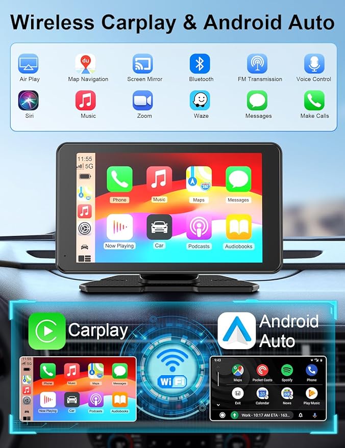 Carplay Screen for Car, 7" HD Portable Car Stereo Touch Screen with Wireless Android Auto, Backup Camera with LED/Mirror Link/Voice Control/Bluetooth/GPS/AUX/FM Satellite Radio for All Vehicles