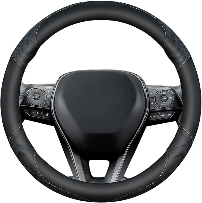 Soft Leather Steering Wheel Cover with Breathable Design and Anti-Slip Grip, Fully Compatible with Tesla, Toyota, Honda, Nissan 14.5-15.2 inch Round Steering Wheel（Sedans and SUVs）