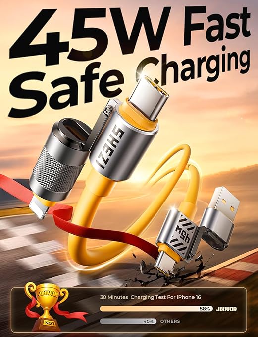 2025 Silicone 4-in-1 USB C Cable 45W Compatible with Lightning Cable Fast Charging & Data Transfer, Support to CarPlay & Android Auto, 5FT Multi Cord Combo Charger for iPhone/iPad