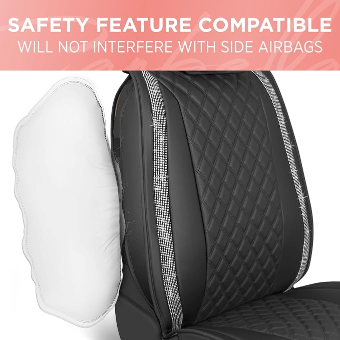 BlingStitch™ Car Seat Covers for Front Seats - Luxurious Black Vegan Leather Seat Covers for Cars with Clear Bling Crystals, Premium Automotive Seat Covers for SUV, Trucks, Car Bling Luxury