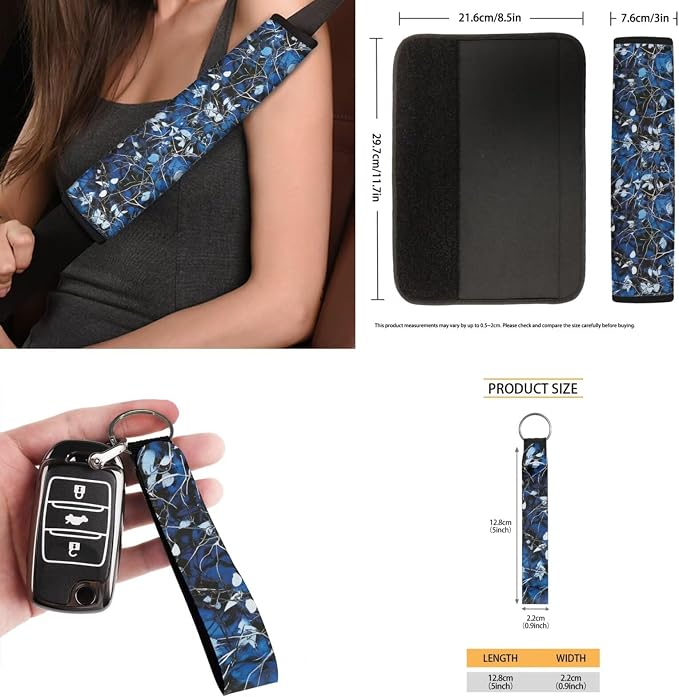 15 Pcs Blue Camouflage Car Seat Covers Full Set for Women Butterfly Car Accessories Interior Car Steering Wheel Cover Seatbelt Covers Trash Bin Rear View Mirror Cover Cup Holders Keychain