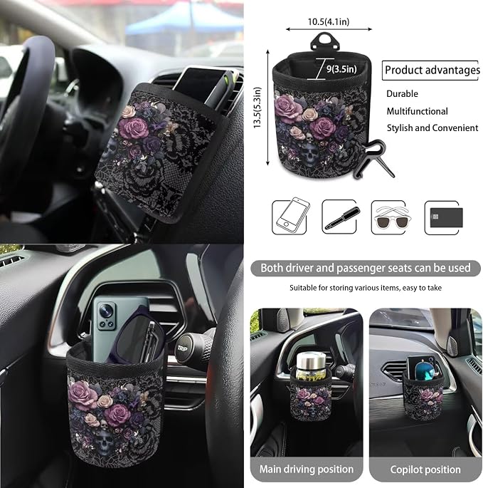 Skull Rose Print Car Seat Covers Full Set with Accessories for Women, Decorative Auto Accessories Include Steering Wheel Cover Safety Belt Pads Rearview Mirror Cover Cup Mats
