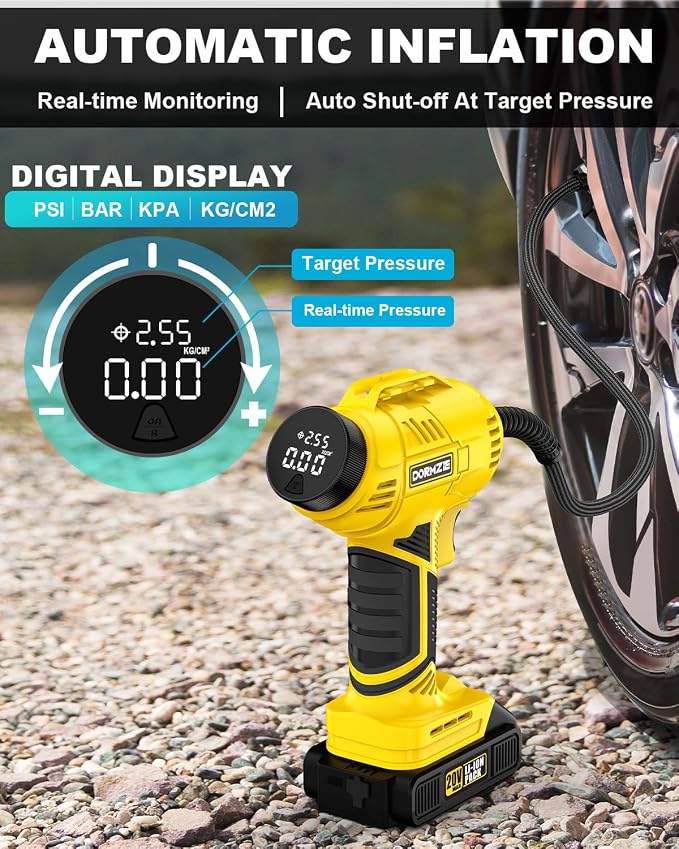 Tire Inflator Portable Air Compressor, 150 PSI Handheld Air Pump for Car Tires with 20V Rechargeable Battery, 12V Car Power Adapter, Digital Display, Ball, Motorcycle, Bike Pump