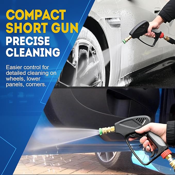 TOOLCY Pro Short Pressure Washer Gun 5000 PSI with 360° Swivel,3/8" Quick Connect Inlet, High Pressure Washer Gun with 1/4" Quick Connect Outlet, Includes 3/8" QC to M22-14mm Adapter & 5 Nozzle Tips