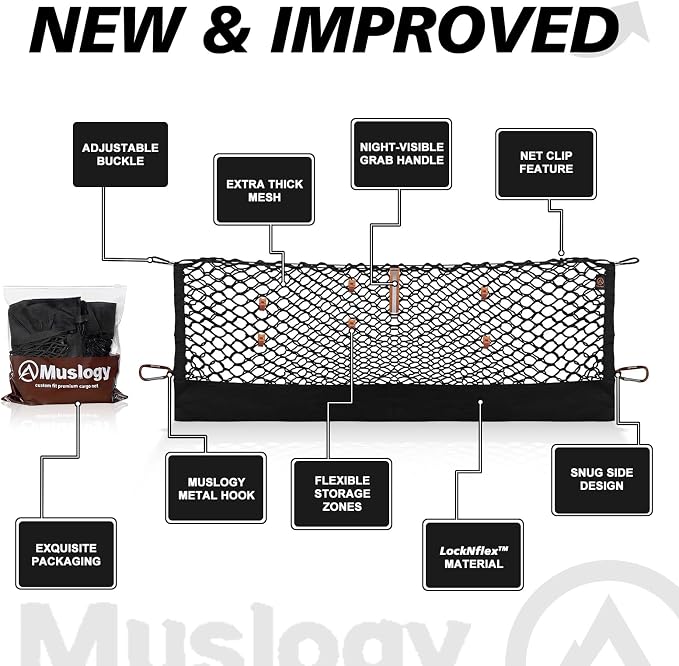 Muslogy Truck Bed Cargo Net Trunk Netting Compatible with 2021-2024 2025 2026 Kia Sorento Accessories, Pickup Cargo Organizer SUV Sedan Storage Net w/Heavy Duty Carabiners