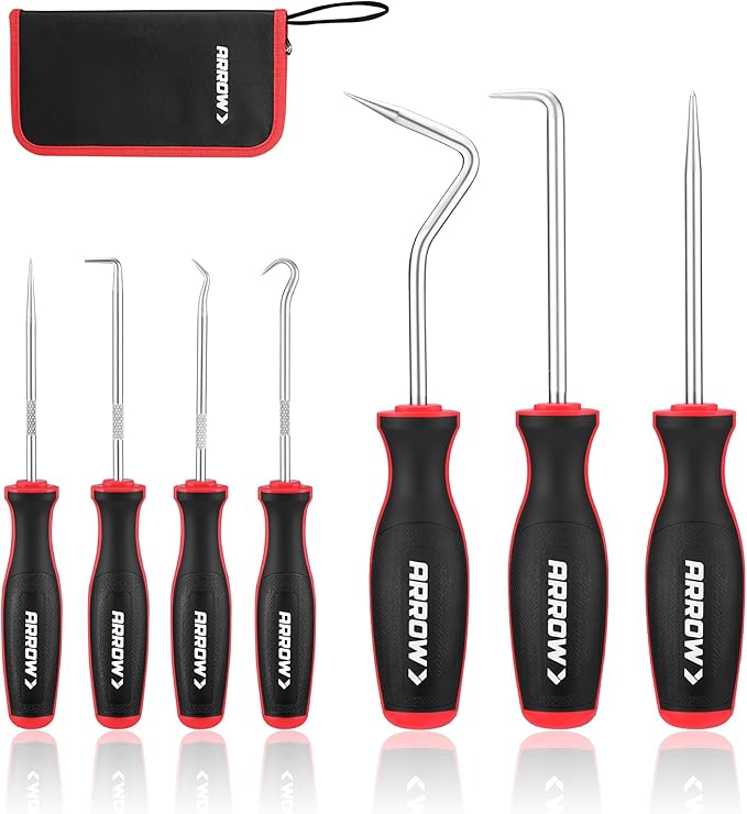 ARROW 7-Piece Hook and Pick Set with Storage Bag, Long & Mini Precision Pick Tool Set for Automotive Mechanic, O-Ring Removal Tool, Oil Seal, Gasket Puller, Hose Puller Picks