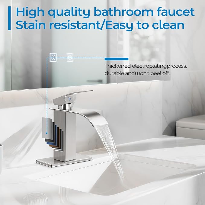 Brushed Nickel Bathroom Faucets, Waterfall Bathroom Sink Faucet Modern Single Handle Bathroom Faucte 1 or 3 Hole, RV Mixer Tap Vanity Faucet - Includes Pop-up Drain Supply Hoses Deck Plate